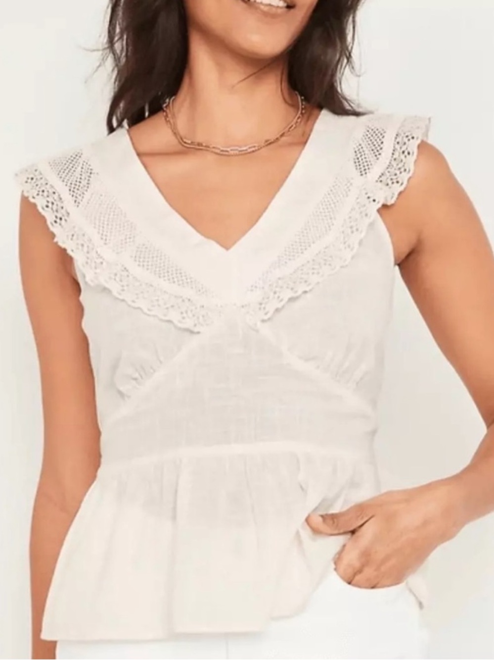 Old Navy Cream Lace V-Neck Romantic Coquette Tie Back Top Size L